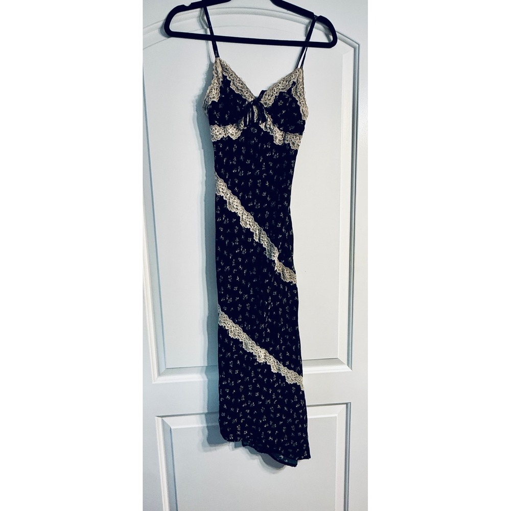 Wild Fable Slip Dress XXS Black Floral Lace Trim Midi Boho Fairycore Whimsigoth